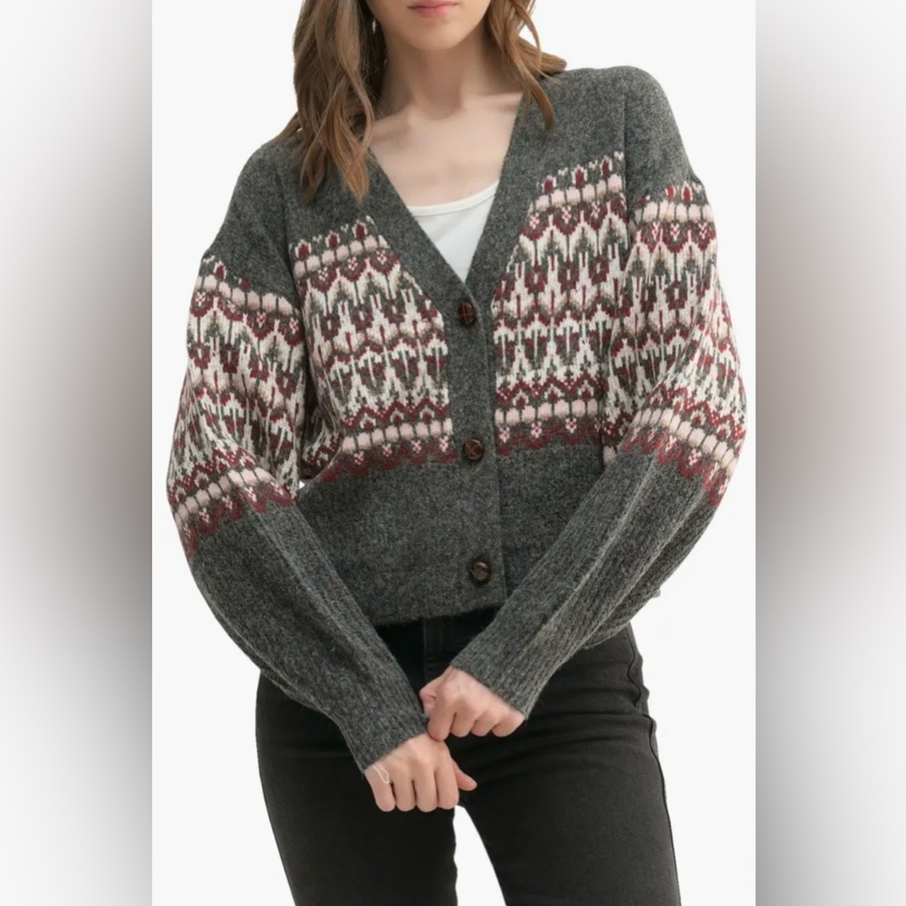 Lush | Women’s grey/maroon/cream wool blend Fair Isle 3button cardigan sweater L